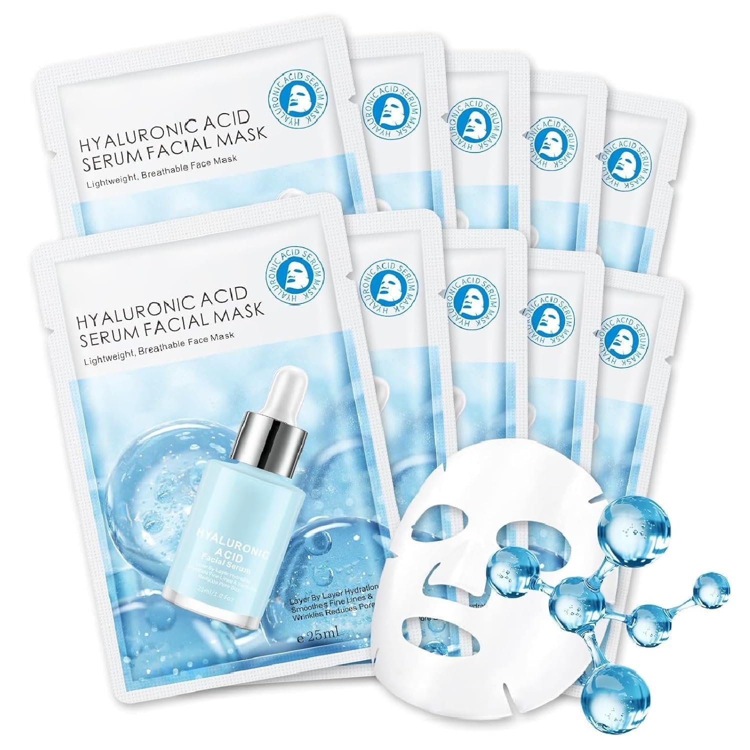 IREV Hyaluronic Acid Face Masks Skincare, Hydrating Facial Masks, Deep Moisturizing Face Mask for All Skin Types, Facial Sheet Mask for Women Skin Care, Smoothing Rejuvenating 10 Pack